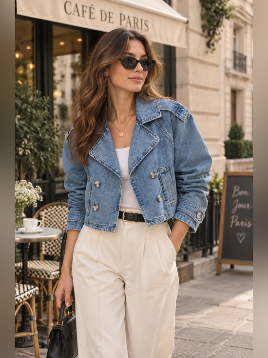 H&M Jackets & Blazers - H&M Denim Cropped Trench Jacket Size S (Fits M) Double Breasted